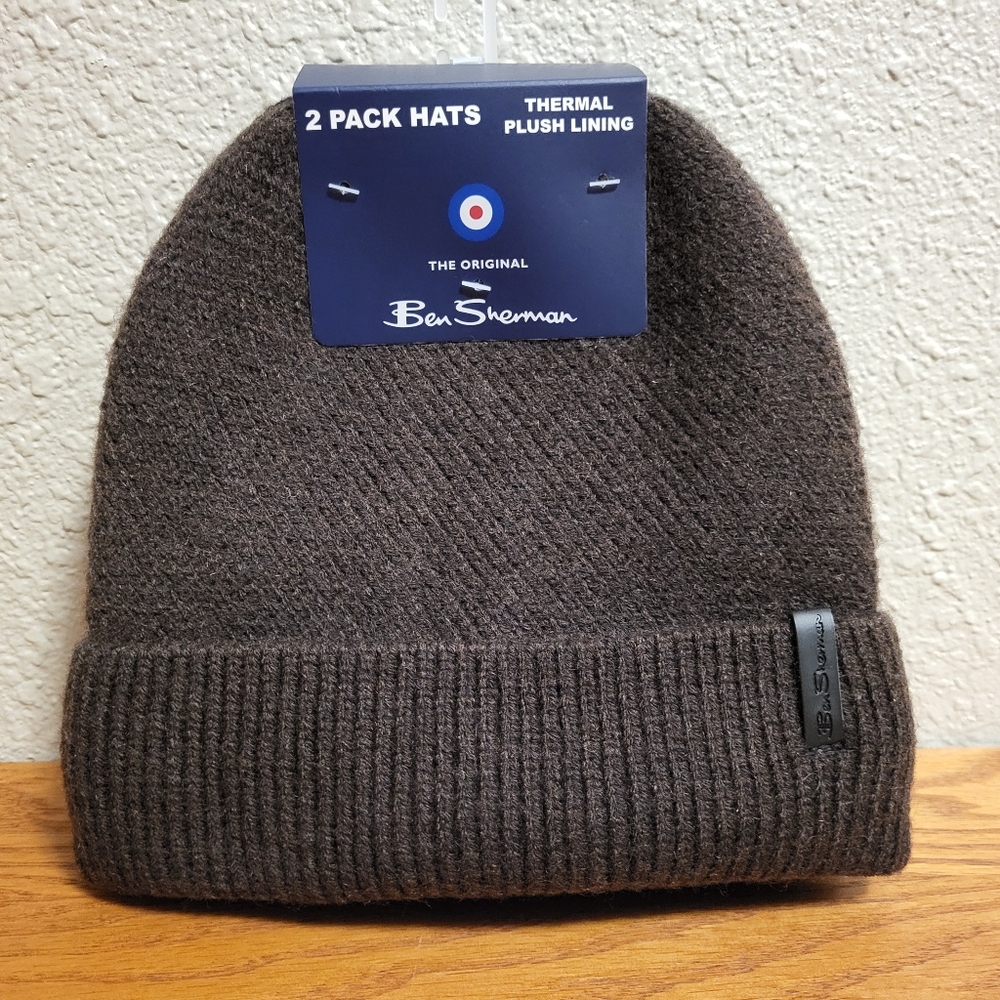 NWT Two Ben Sherman Knit Thermal Plush Lining Beanies - Black & Brown